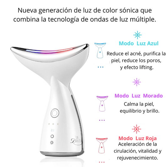 Masajeador de Belleza Facial con Microcorriente EMS para Cuello y Rostro con Terapia de Fotones LED de 3 Colores. ¡Efecto Lifting!